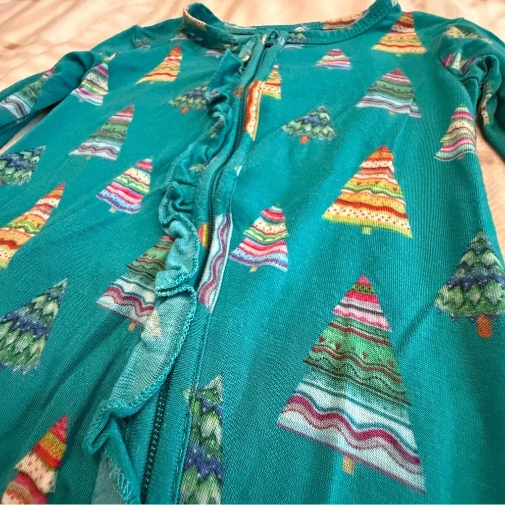Posh Peanut Christmas Tree Ruffle Footie Sleeper Teal Bamboo 12-18 Months
